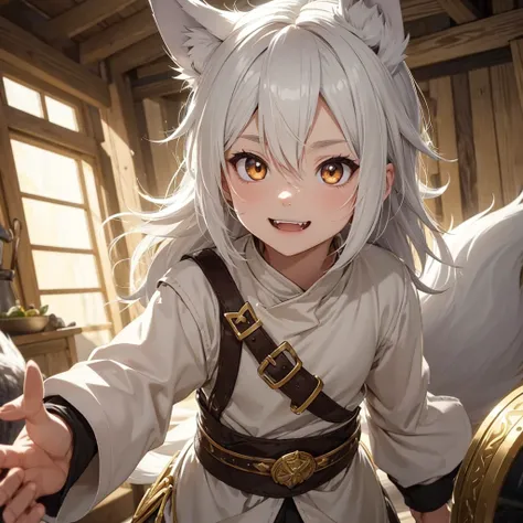 Create a toddler wolf shifter with short white hair and golden eyes that sparkle with curiosity. His playful smile reveals sharp fangs, hinting at his wild nature. Clad in Viking-style clothing, he embodies a mix of innocence and adventure. As a cleric of ...