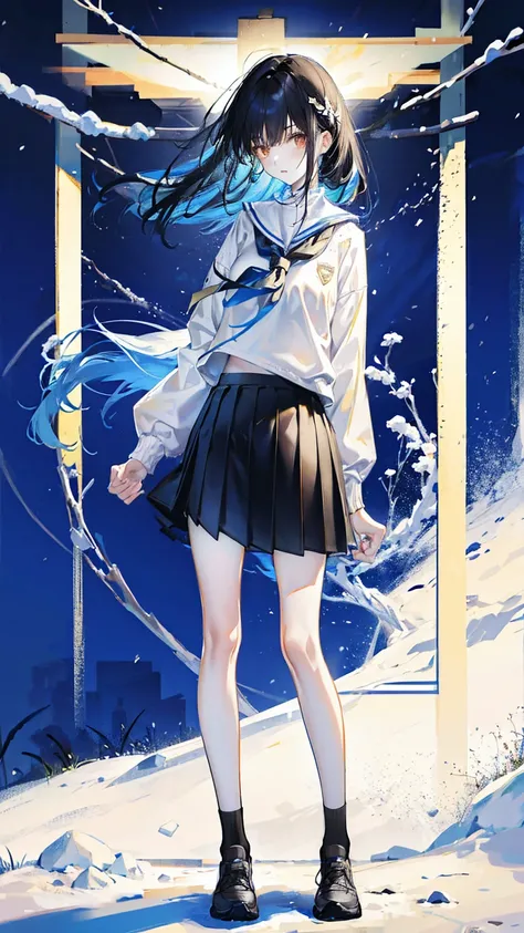 One is 167cm tall，A 1 skinny girl ，weighing 39 kg，The legs are very thin，Wearing school uniform jacket and skirt，Bare snow-white thin legs，wear no socks，There is a leg ring on the left leg，wearing sportshoes，standing on the snow，Full body image