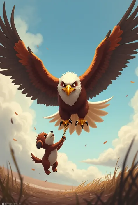 The Brave Eagle

A majestic eagle named Chikki soaring through the cloudy sky. The eagle has strong, outstretched wings and a determined look in its eyes as it spots the stranded puppy below. The wind ruffles its feathers, conveying a sense of speed and ur...