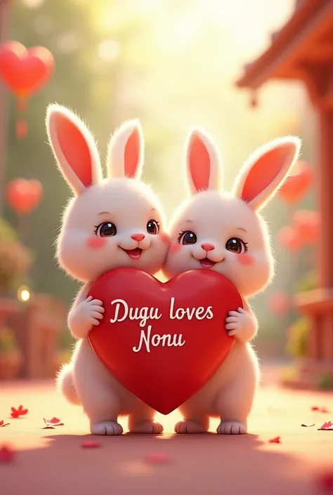 DUGU loves NONU written in a red heart and re heart is in the hands of a cute small animated Rabbit baby
