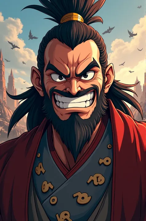 A anime character based on a war chief, make its face grinning 