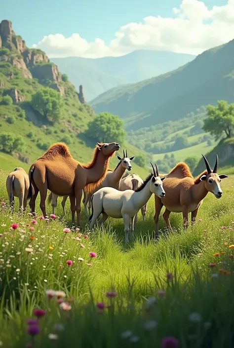 camels with goats and donkeys grazing in a green area 