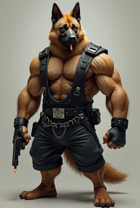 muscular male anthropomorphic german shepherd,open chest, black leather jacket, black leather harness, police badge, black leather shorts, black fur on body, tan fur on body, light light brown fur on body, cigar lit in mouth, black leather collar, silver c...