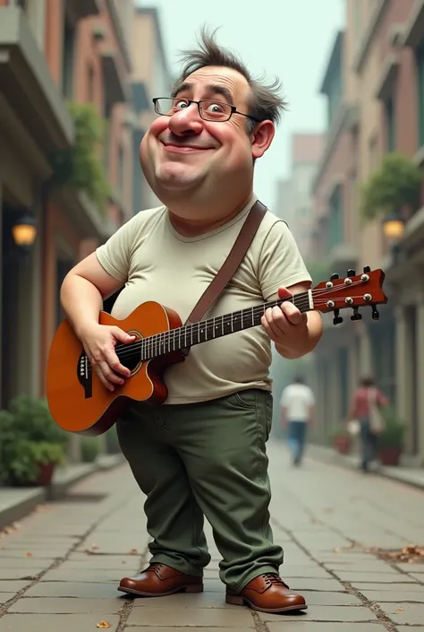 Caricature realis 4D, a man in a t-shirt and trousers carrying a guitar