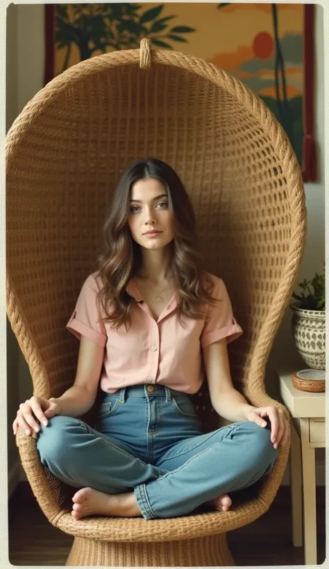 A vintage-style photograph captures a young woman with long, wavy brown hair sitting cross-legged  in a large, intricately woven wicker peacock chair. The chair features a high, circular backrest with a distinctive diamond pattern, creating a textured back...