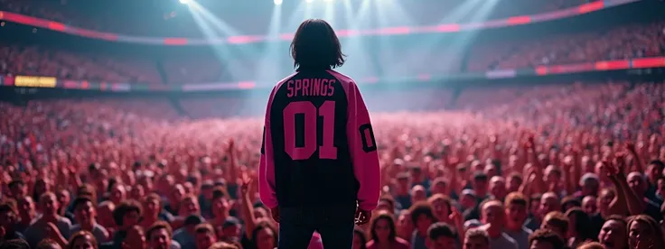 sold out stadium, rock concert, pov from the back, crown look at him, weisser dünner American teen male 20 jahre alt mit mittellangen schwarzen haaren, mit black pink jersey pullover mit "01" on the sleeve and "springs" on the back, der rasiert ist steht m...