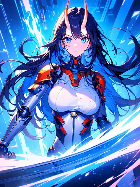 [(Blue BACKGROUND:1.5),::5], (((masterpiece))), high quality, ultra very high resolution, full color, ((solo)), (tall person), (mecha musume:1.3), large breasts, (god of thunder), (long Black hair), (Blue eyes), ((mechanical oni horns)), anime, ((upper bod...