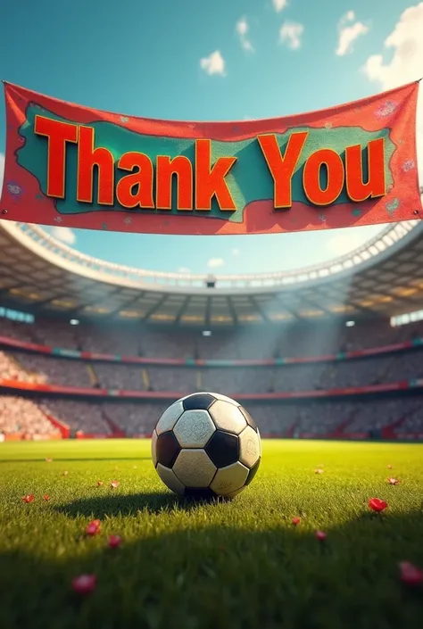 In the background you can see a football stadium, with the theme of day of the dead. In the foreground there is a soccer ball stopped in the center of the image, and above a large banner with the word: &quot;Thank you&quot; (in Spanish) 