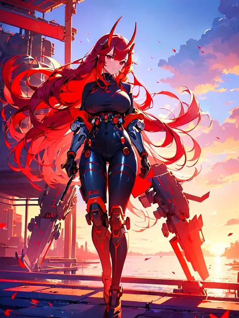 [(Sunset BACKGROUND:1.5),::5], ((((masterpiece)))), high quality, ultra very high resolution, full color, ((solo)), (mecha musume:1.3), large breasts, (god of the wind), (long red hair), (red eyes), ((mechanical oni horns)), anime, ((upper Mechabody)), (Cy...