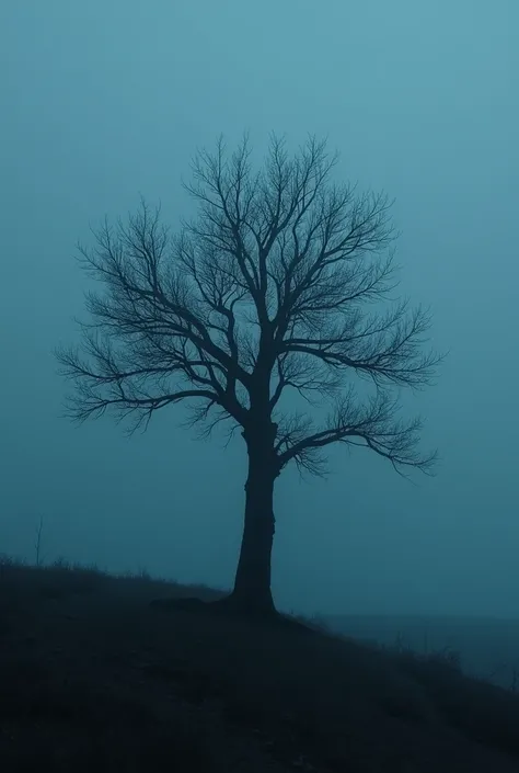 the tree, unrequited love, and a dark blue tone, without any human figures in the image.