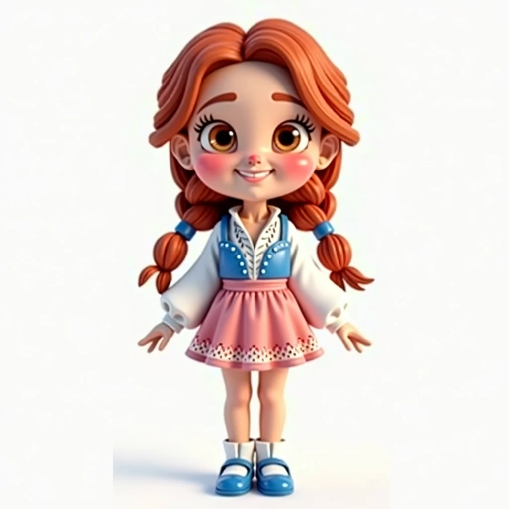 A captivating 3D rendered full body  illustration of a charming Chibi latin lady with long wavy red colored hair with thin braids, brown eyes and a cute smile. She is wearing a blue blouse with lace and white longsleeves and pink mini skirt, blue dollshoes...