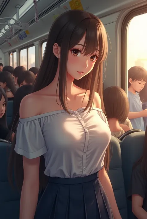 (Browsing Caution)、Highest quality、Ultra-high resolution、Small breasts、Perfect Face、Beautiful expression、Beautiful Face、Beautiful Eyes、1 high school girl、No bra、Button-down shirt、Off the shoulder、Mini Pleated Skirt、Inside a crowded train with sunlight stre...