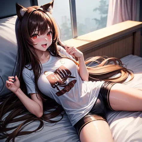 high resolution, Long straight hair, Straight bangs, Cute，Brown hair，Large breasts， Cat ears, Blushing, Red Eye, Drool and stick out tongue，Open your legs to see, 3D Rendering，Lying in bed，白t-shirt，Wet body，Open your legs to see，Look at the camera