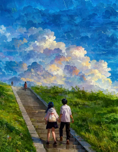 Rainy day, there are two people walking down a path on a hill, leading to the sky, people walking into the horizon, man and woman walking together, [ realistic photo ]!!, stairway to heaven, people walking in the distance, in a scenic background, walking t...