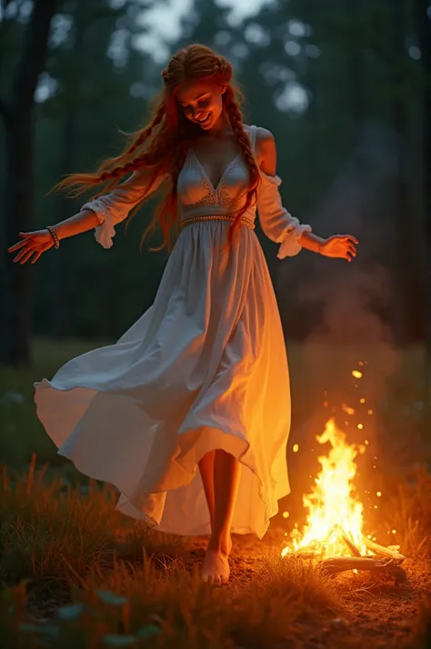 A redhead with braids dancing at night in front of the fire 