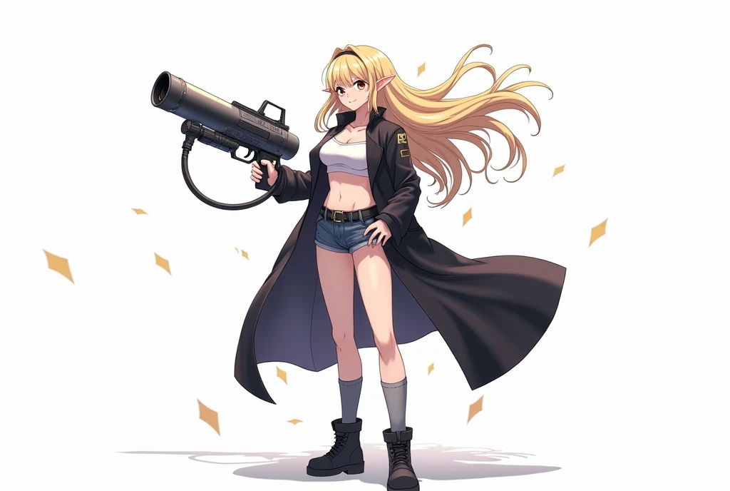 Make it in anime style and with a white background, a beautiful woman with blond hair and elf ears, she wears a shirt that shows her belly, and on top he wears a black overcoat, she wears long boots and shorts, her weapon is a grenade launcher, she wears l...