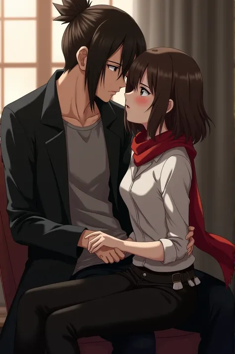 Eren jaeger sat on a chair wearing a long black coat and underneath the coat has grey t shirt . He has long hair tied in a man bun. Mikasa ackerman sat on Eren jaeger lap . She is wearing a white shirt and black pants and a red scarf is wrapped around her ...