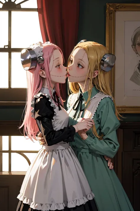 madaraki_fran, mansion, two girl fran kissing, maid uniforms