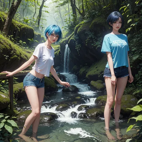 A beautiful young woman with short blue hair, wearing a loose T-shirt and shorts, stands in a stream, with a mysterious and beautiful dense forest as the background.