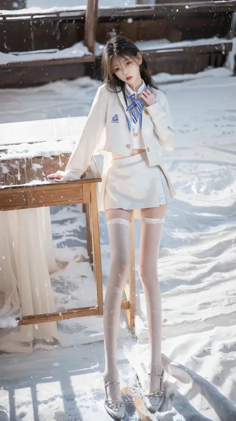 one is 167cm tall，a 1 skinny girl ，weighing 39 kg，the legs are very thin，wearing school uniform jacket and skirt，bare snow-white...