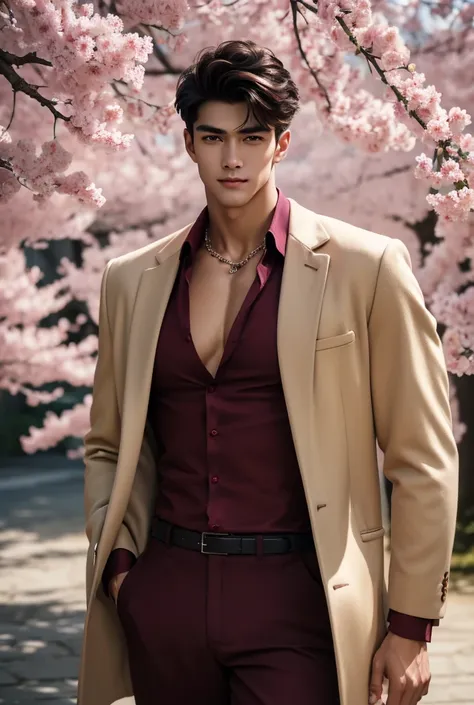 (absurdres, highres, extremely detailed, Ultra High Definition, masterpiece), a tall handsome muscular young man with a strong physique with a serene expression stands beneath a canopy of cherry blossoms in full bloom, their pale pink petals drifting down ...