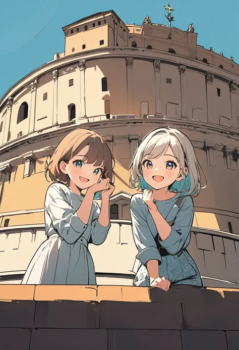 (masterpiece, best quality:1.1), pop-art style, medium flat color,(two girls),cute,detailed face,(tween),nice trip,(Castel SantAngelo,vatican city),Italy, beautiful detailed scenery, beautiful lighting,very happy,dynamic pose,photographic portrait, sharp,I...