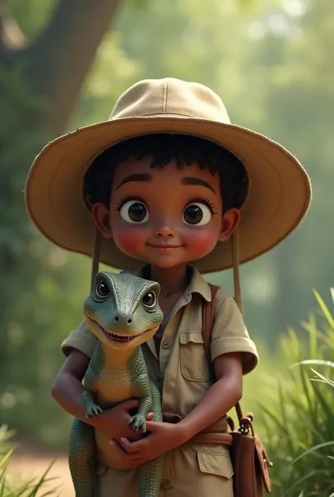 Child, , moreno, no hair, safari hat, round black eyes, safari adventurer dress, holding baby dinosaur 