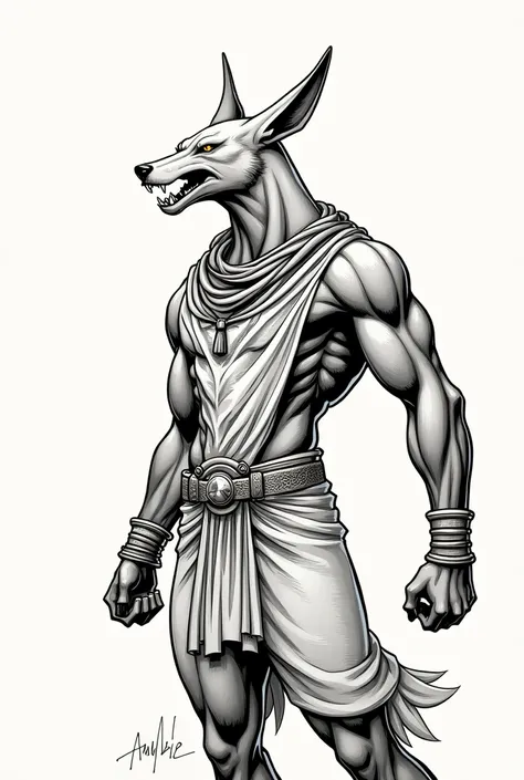 drawing of the Egyptian God Anubis in manga style, focusing only on the marked and colorless features:

Design Description:

head: Anubis has a jackal&#39;s head, with angular and well-defined features. The ears are pointy, and the big eyes, with intense e...