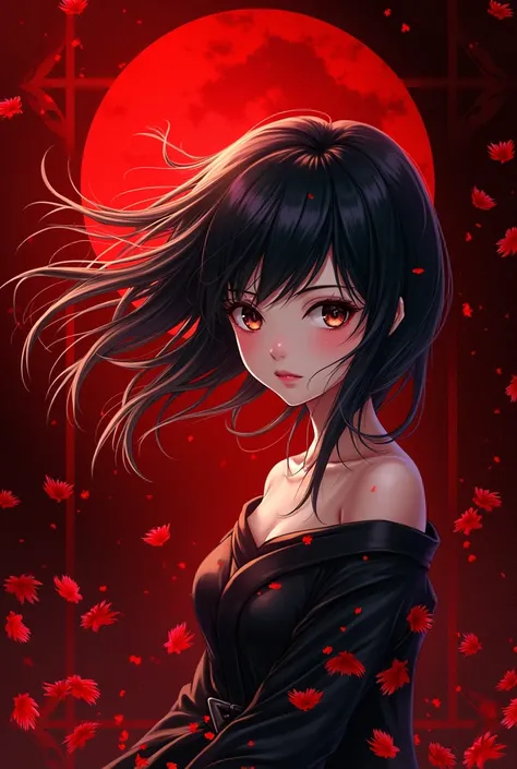 Red black pattern luxury wallpaper with a anime girl in middle fade