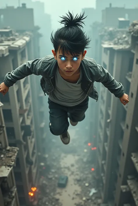 A teenage boy with black and white bun hair, glowing eyes in street clothes is flying high above a destroyed city.