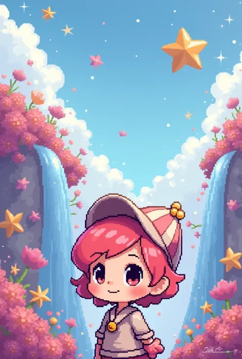  short pink hair child Disney pixel style poster with 3d cap