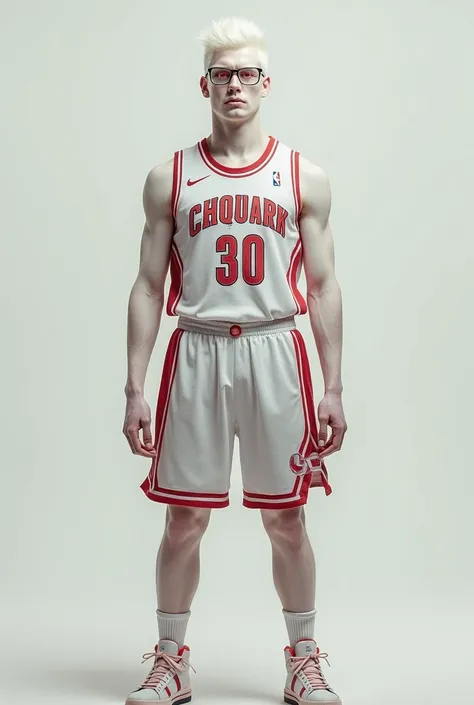 Albino man with glasses and basketball uniform