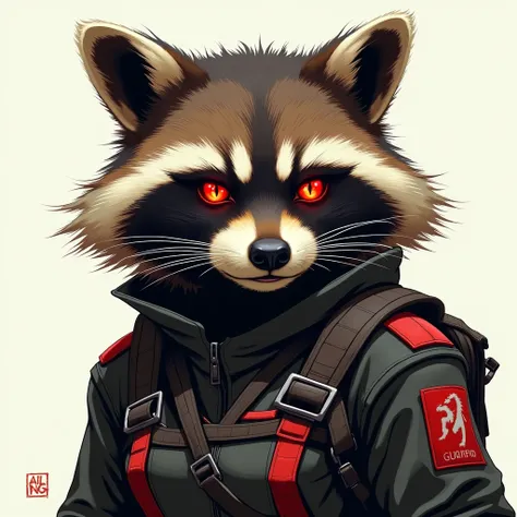 profile photo of a female guerrilla raccoon with red details on her uniform with flaming eyes with a voracious victorious aura
