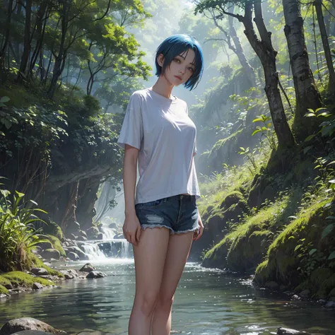 A beautiful young woman with short blue bob hair, wearing an oversized T-shirt and shorts, stands in a stream, with a mysterious and beautiful dense forest in the background.