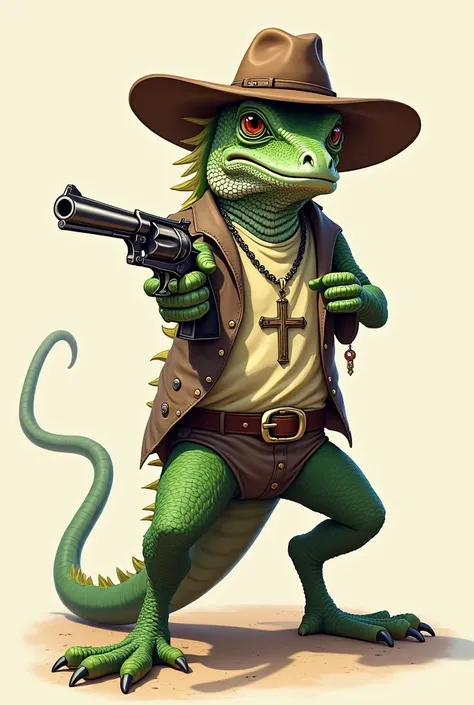 an iguana with a hat, belt and cross necklace holding a revolver 