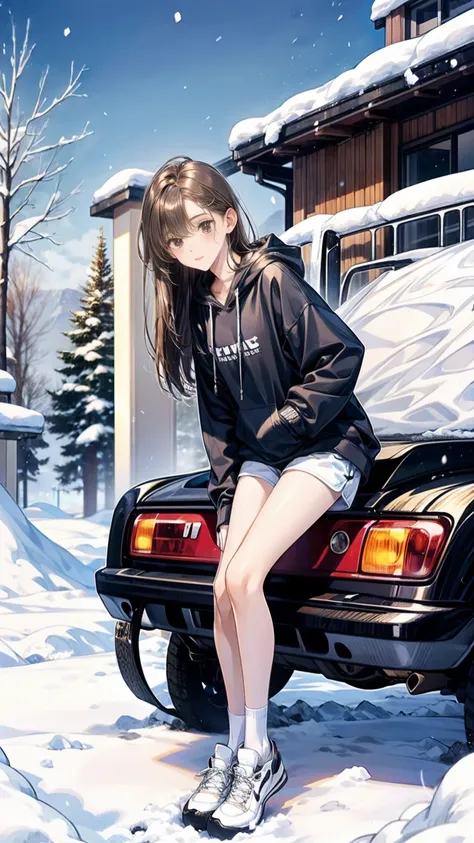 a girl,fourteen years old ,brown long hair,white skin,wearing an oversized hoodie,white mini short pants,sport white socks,very thin legs,skinny legs,slim,skinny,kneeling on the snow