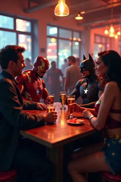 Marvel and Dc characters drinking at the bar, partying among friends, realistic, cinematic style, 4K