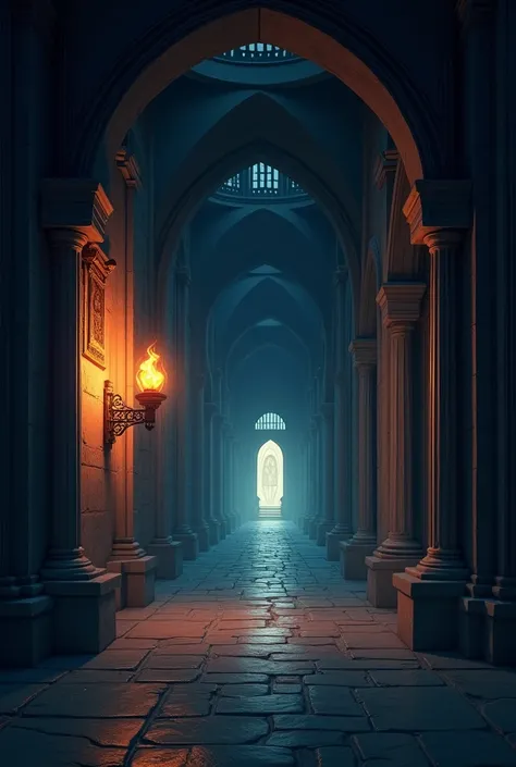 In cinematic 3D realistic cartoon style."The dark corridors of the palace leading to the exit."