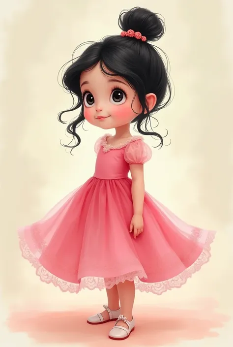  two years old black hair tied pink princess dress Disney drawing from the front

