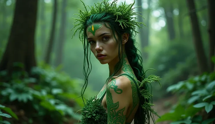 In this stunning image, we see a captivating Forest Nymph portrayed as beautiful and youthful. Her green skin suggests her connection to nature. The unique armor she wears is composed of a parasitic plant that grows from her, showcasing her symbiotic relat...