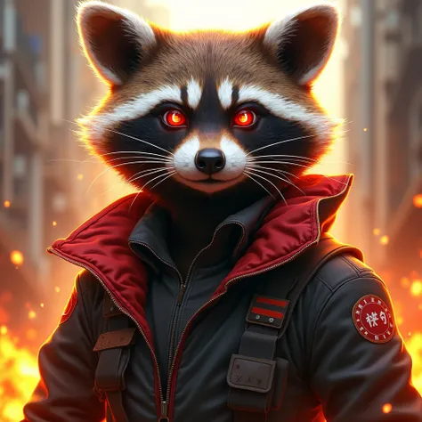 profile photo of a female guerrilla raccoon with red details on her uniform with flaming eyes and a victorious aura 

