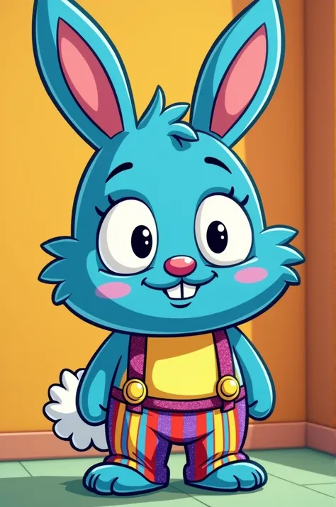 An 80s cartoon of a blue anthropomorphic rabbit named Fluffy wearing colorful pants with vertical glitter, colorful suspenders with horizontal stripes and yellow buttons on the straps. Giant, round Simpsons-style eyes