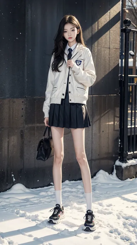 One is 167cm tall，A 1 skinny girl ，weighing 39 kg，The legs are very thin，Wearing school uniform jacket and skirt，Bare snow-white thin legs，wear no socks，There is a leg ring on the left leg，wearing sportshoes，standing on the snow，Full body image