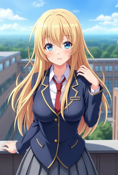 1 female,blonde long hair,blue eyes, attractive face,large breasts, school uniform,Anime art, High quality, Masterpiece, School rooftop background