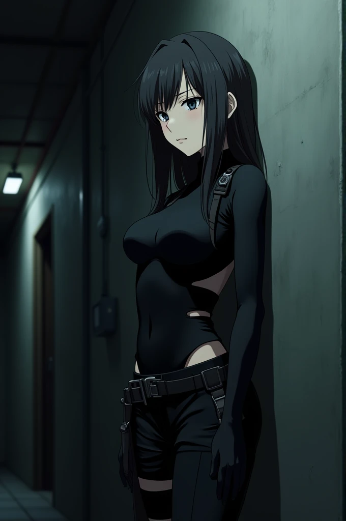 Anime-style. Good quality. Full-length picture of girl. She is standing in a dark, dimly lit basement room leaning against the wall behind her and looking away. A mysterious girl of Korean appearance with a trim, slender figure. She has pale skin, straight...