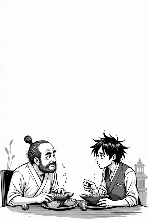 Imagine two people sitting talking and eating, in manga format, black and white. One of these people is a gentleman, he is short in age, thin, with big beard. And the other is a young man, black haired, alto e thin. All this takes place in Japan 