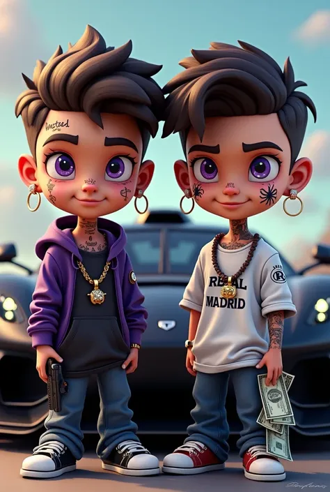 3d cartoon of two identical teenagers, trappers with small tattoos on their faces, "wanted" under their left eye, and an upside down cross on the left side of their eye, Saturn tattooed near their right eye, and a marijuana tattooed near their right eye, t...