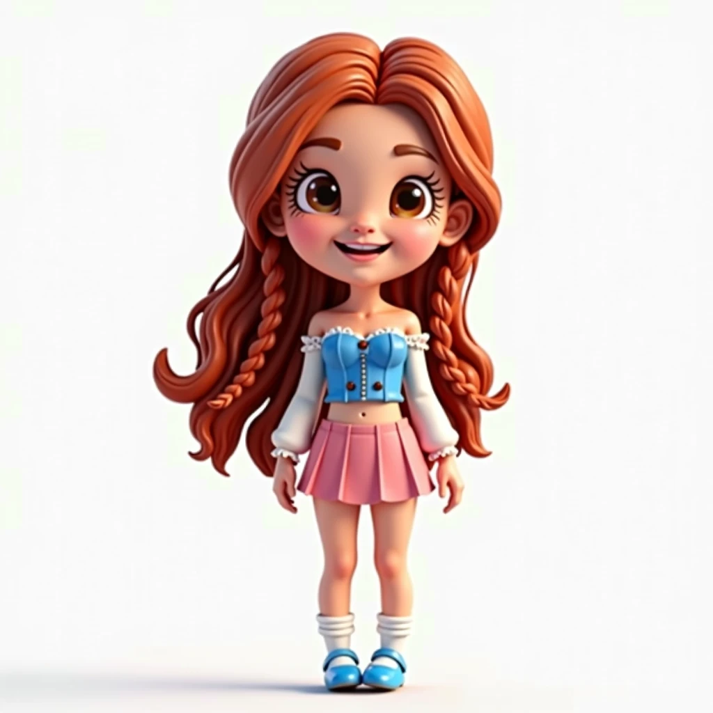 A captivating 3D rendered full body  illustration of a charming Chibi latin lady with long wavy red colored hair with thin braids, brown eyes and a cute smile. She is wearing a blue tube blouse with lace and white longsleeves and pink mini skirt, blue doll...