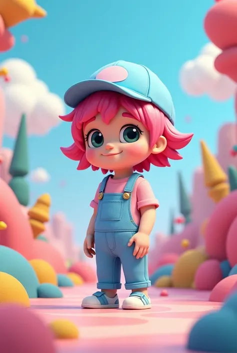 Disney pixel style 3d poster of short pink hair with  cap with baby blue dungarees and baby pink t-shirt 