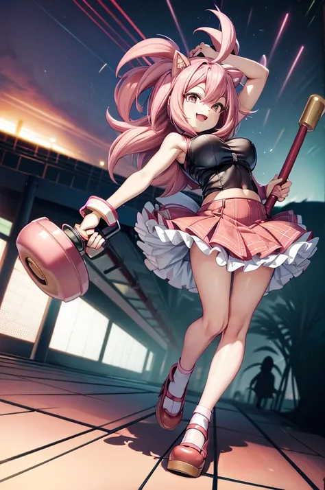 (masterpiece), Best Quality, Expressive eyes, Perfect Face, 1 Girl(Hedgehog Girl, amy, Pink Hair, Pink feet, Red Skirt, Red Shoes), cute, sexy, Pikopiko Hammer(huge, Red Sledgehammer)to swing around,  Pikopiko Hammerを地面に叩き付ける, Lively and active, Powerful a...